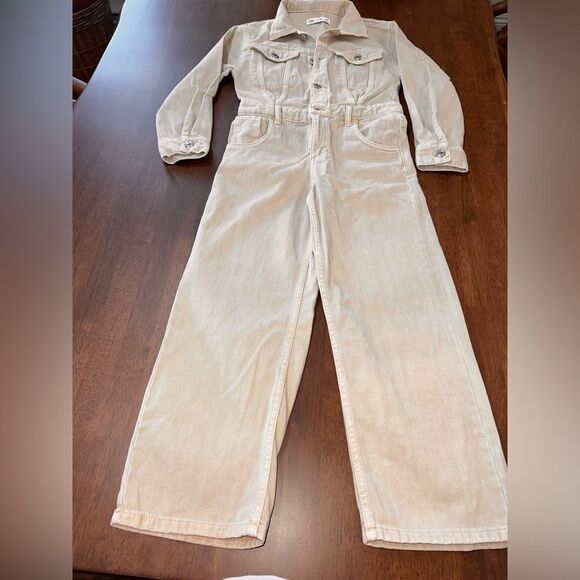 Zara Full Length Denim Overall Long Sleeve Wide Legs Buttons Tan Girls Size 09 - Picture 2 of 7
